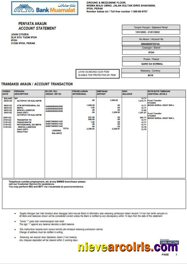 Malaysia Bank Muamalat bank account statement